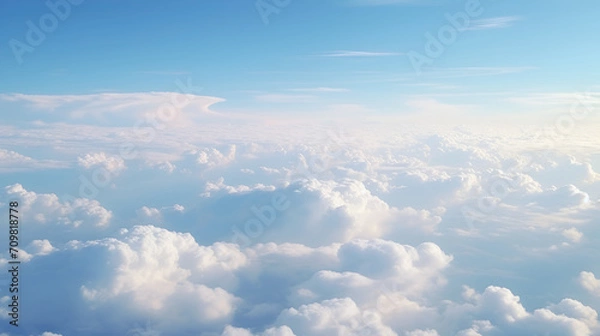 Obraz High nature view large white clouds on soft sky background in the morning, View of white cloudy on the plane. Generated AI