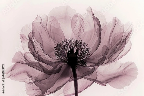 Obraz Blossoming Secrets. A Macro X-ray Detail Reveals the Intricate Beauty of a Peony Flower, Rendering its Delicate Petals in White against a Dramatic Black Background.