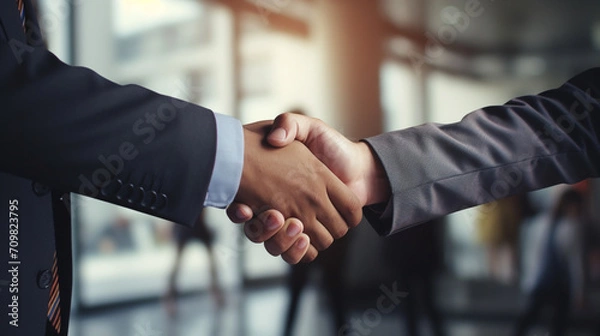 Obraz business handshake photo blurred office in the background created with Generative Ai