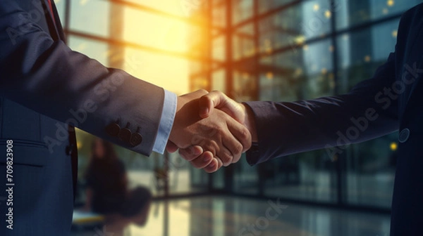 Obraz business handshake photo blurred office in the background created with Generative Ai