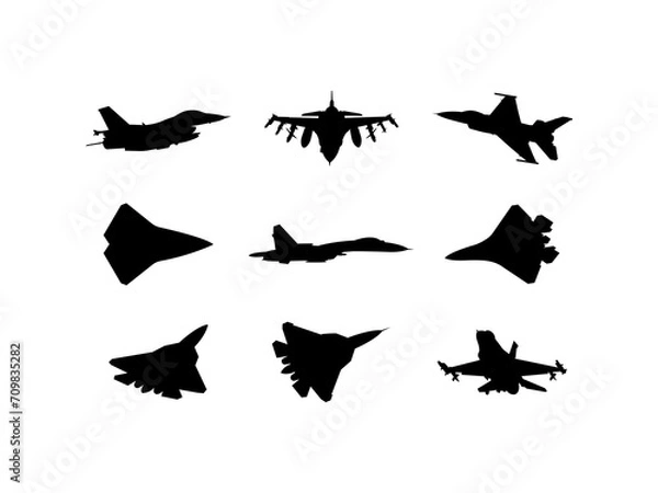 Fototapeta Set of Fighter Jet Silhouette in various poses isolated on white background