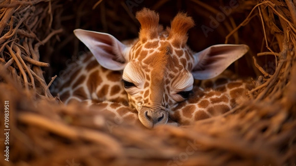 Obraz tiny Giraffe sleeping created with Generative Ai