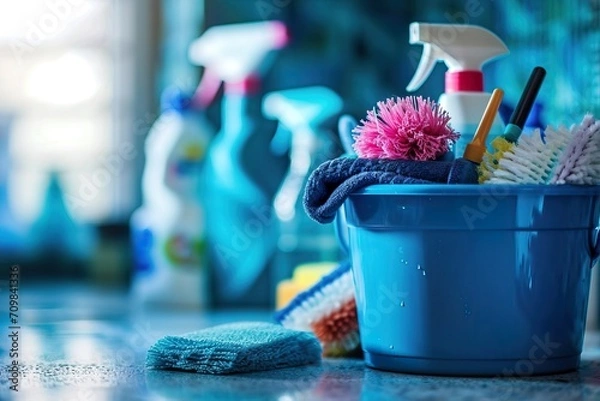 Obraz Close-up of Cleaning Products in a Blue Bucket