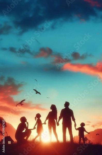 Obraz happy family leisure activities, silhouette photos, generative ai art illustration