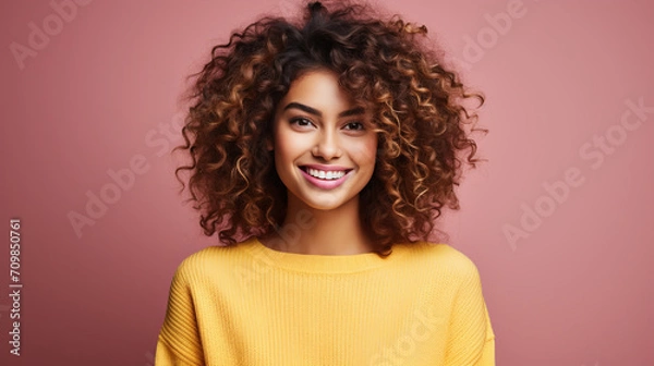 Obraz Portrait of young excited shocked crazy smiling girl child kid hold hands isolated on color background