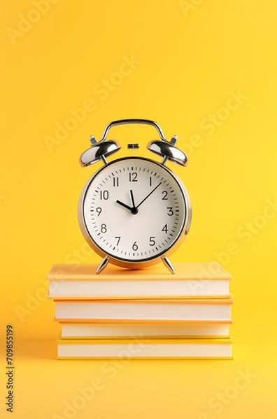 Fototapeta alarm clock on books on yellow background, illustration minimalism for business book created with Generative Ai