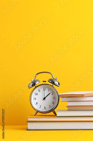 Fototapeta alarm clock on books on yellow background, illustration minimalism for business book created with Generative Ai