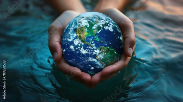 Fototapeta persons hands holding the earth in the water, concept of connection to nature, global unity and caring the world