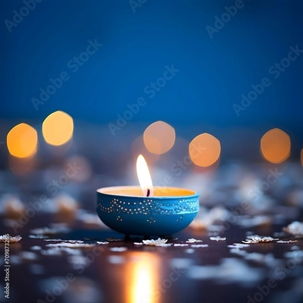 Fototapeta Burning small blue candle all around, solid blue color with bokeh effect. Diwali, the dipawali Indian festival of light.