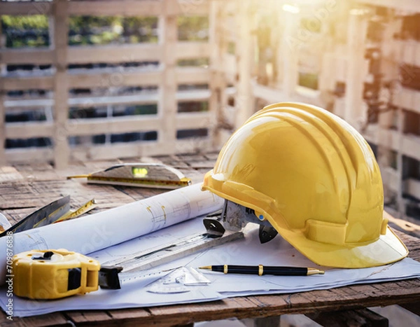 Fototapeta Yellow hard safety helmet hat and the blueprint, pen, ruler, protractor, and tape measure on the table at the construction site.for safety project of workman as engineer or worker