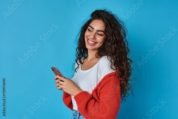 Fototapeta Young curious smiling happy pretty latin woman holding mobile phone, doing online shopping on cell, using apps on cellphone looking aside at standing isolated on blue background, Generative AI