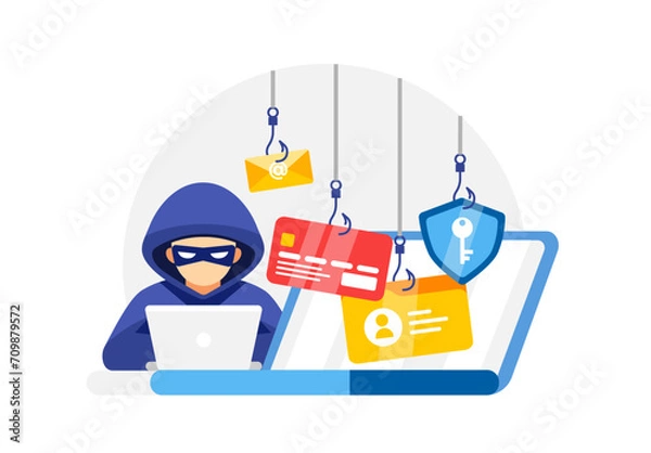 Obraz Cybersecurity concept vector illustration showing a hacker with phishing hooks targeting email, credit card, and secure data