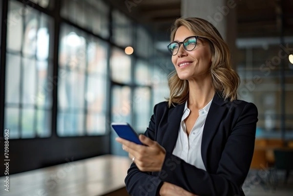 Obraz Happy mature business woman executive holding cell phone looking away in office. Smiling mid aged 40s professional businesswoman manager entrepreneur using cellphone working on smartphone.GenerativeAI