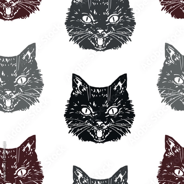Fototapeta Angry black cat face ornament. Hissing cat halloween vector seamless pattern. Illustration in retro engraving style .