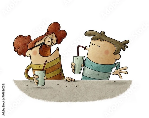 Obraz Children's illustration of a boy and a girl drinking a juice while talking.