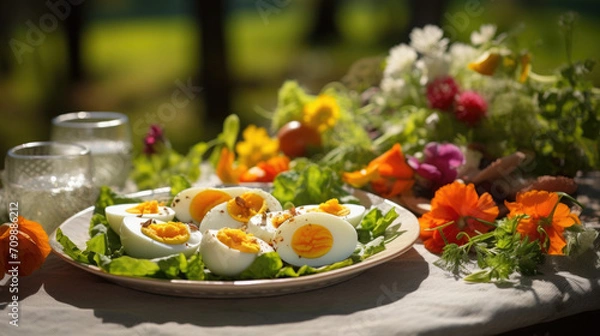 Fototapeta easter lunch appetizer with egg and salad