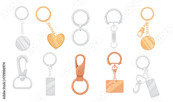 Obraz Set of metal keychain with ring and chain vector illustration isolated on white background