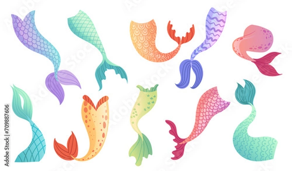 Obraz Set of mermaid tail for costume or cosplay with different colors vector illustration isolated on white background