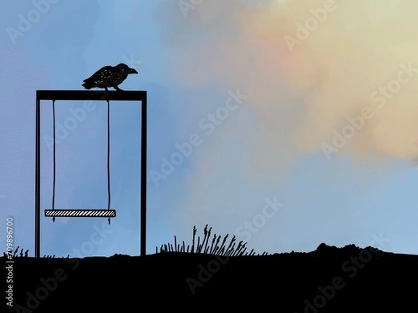 Fototapeta clever crow perched on a child's swing in the evening