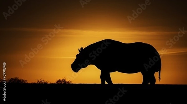 Fototapeta Silhouette of hippopotamus on sunset sky.