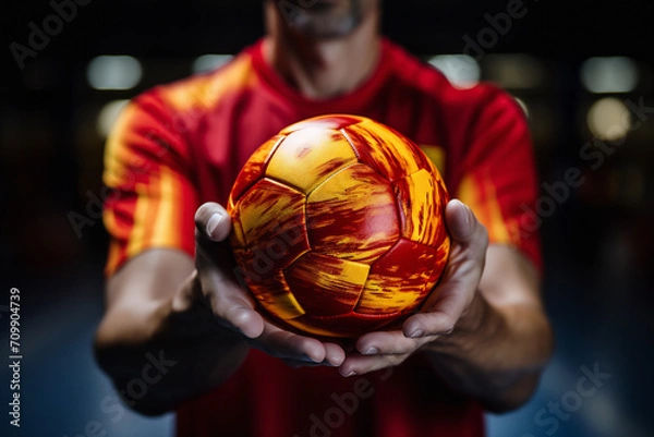 Obraz The hands are holding the handball ball. Generative AI Image.	