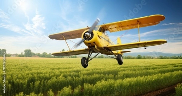 Fototapeta Yellow Plane in Low Flight, Spraying Agricultural Fields