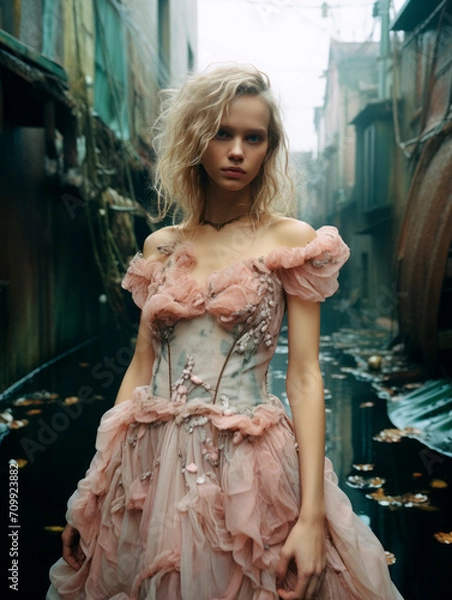 Fototapeta a beautiful Nordic model in a fantasy world, pastel colors