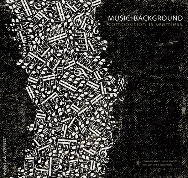 Fototapeta Vector dark grunge seamless music background, canvas texture wit
