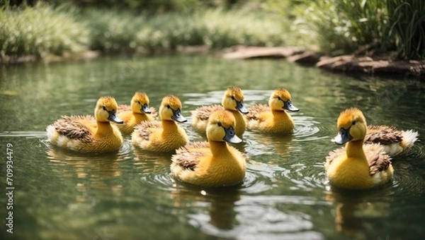 Fototapeta Some cuddly ducklings swimming in the calm pond