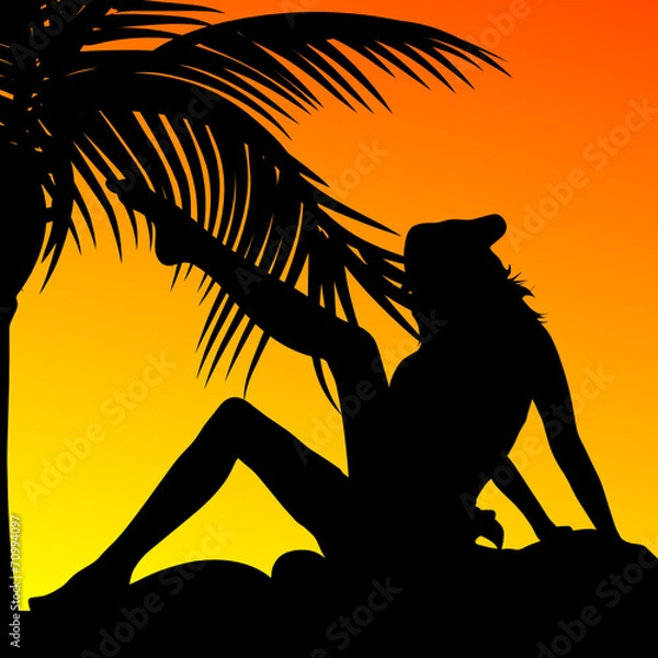 Fototapeta girl and palm on a sunset color vector