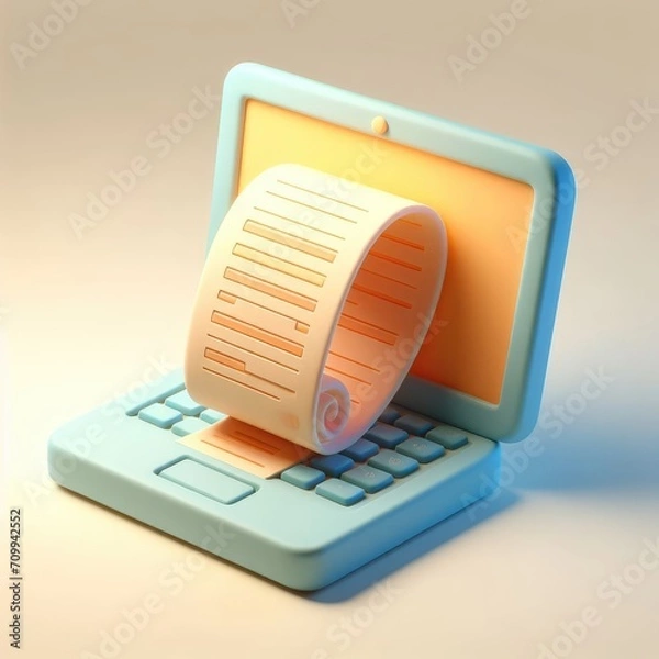 Obraz Open Laptop with Receipts and Invoices. 3D Cartoon Clay Illustration on a light background.