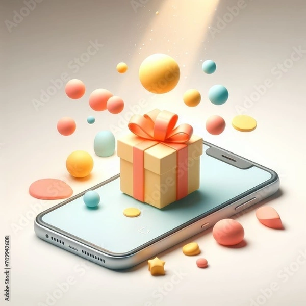Obraz Cartoonish Phone and Gift Box with Colorful Balloons. 3D Cartoon Clay Illustration on a light background.