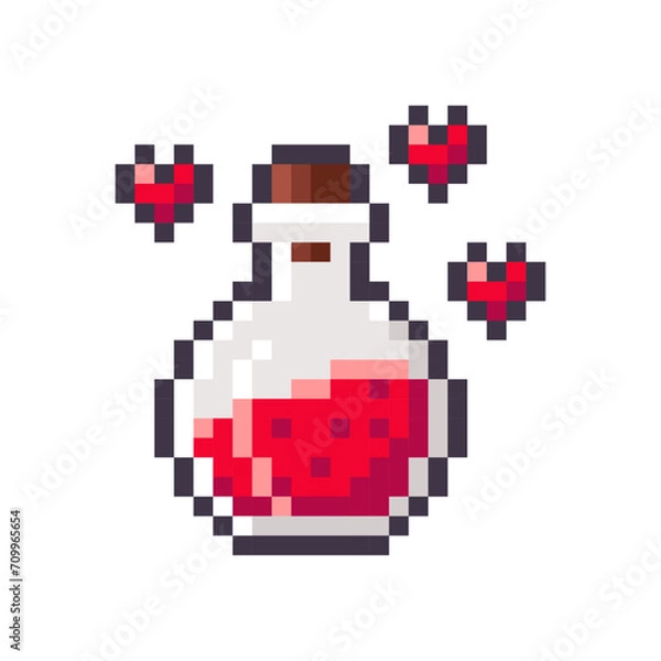 Obraz Love potion in glass bottle isolated on white background. Chemistry glass bulb with red liquid. Magic elixir pixel icon. Vector illustration of Valentine's Day elements in 16 bit style.