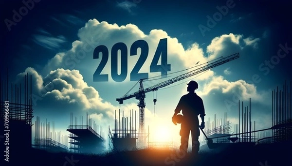 Obraz Silhouette of a Construction Worker Overlooking a Building Site at Dawn in the Year 2024