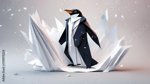Obraz Ein Pinguin im Frack auf einer Eisscholle. Low Poly Komputergrafik.