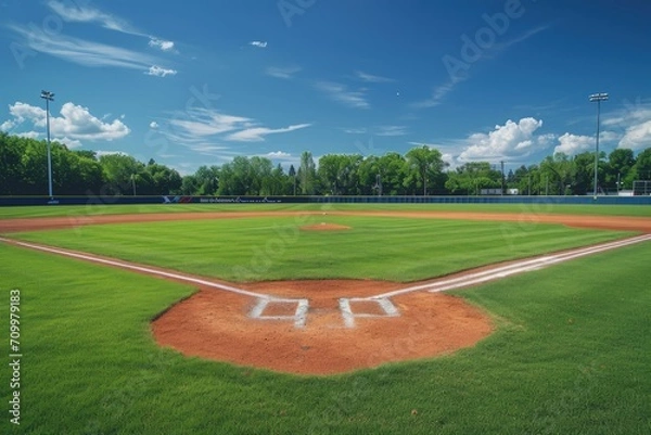 Obraz Krajobraz z boiskiem baseballowym i drzewami w tle, koncepcja sportu i rekreacji.