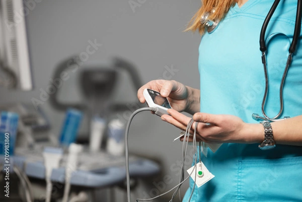 Fototapeta Doctor showing ECG holter monitor to patient in pediatric clinic. Holter monitoring device in a doctor hands before a diagnostic. Preparation for a heart rhythm diagnistic. Professional medicine.
