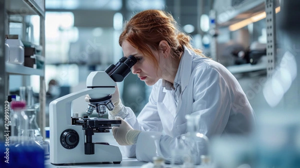 Fototapeta a female research scientist is analyzing a sample on her microscope in a microbiology lab