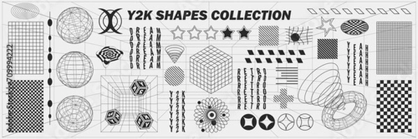 Fototapeta Abstract geometry wireframe shapes and patterns, cyberpunk elements, signs and perspective grids. Surreal geometric retro signs. Rave psychedelic futuristic Y2k acid aesthetic set. Vector illustration