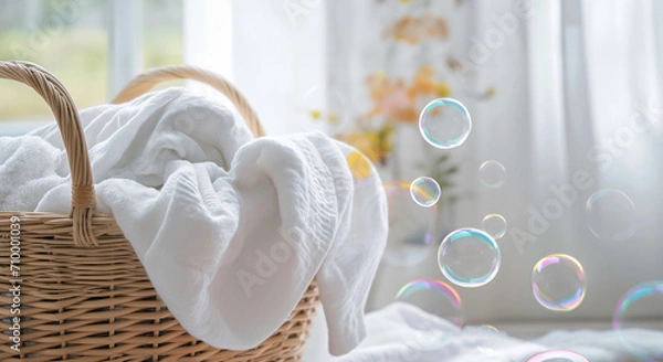 Fototapeta Basket of clean laundry and soap bubbles in white interior. Spring cleaning concept, banner with copy space for cleaning service. Poster for laundry.