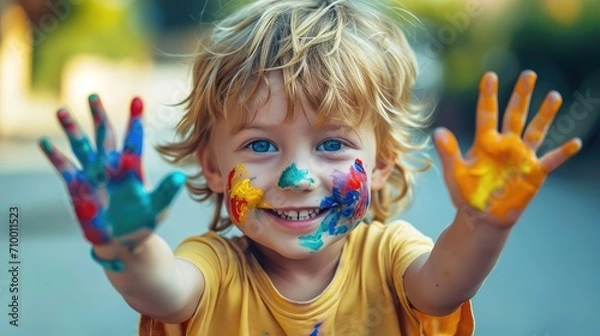 Obraz Happy kid with painted hands, Playing, Fun. Generative AI.