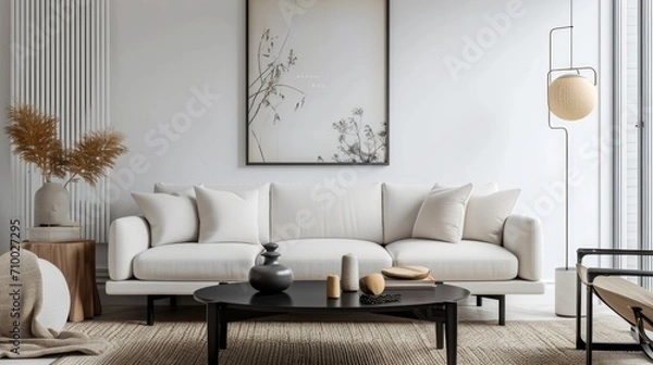 Fototapeta A Serene Oasis of Minimalist Elegance, A White Couch and Coffee Table in a Timeless Living Room