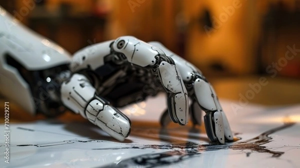 Fototapeta A robot hand draws a picture. Generative AI.