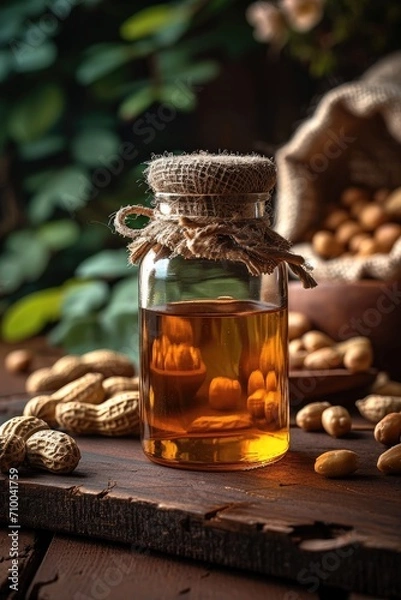 Fototapeta Glass bottle with peanut butter, Peanuts on a wooden table on a natural background of a peanut garden, Healthy natural foods, Cooking oil. Generative AI.