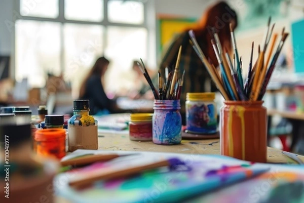 Obraz Art Therapy Session - A group of people participating in an art therapy session with various art supplies - AI Generated