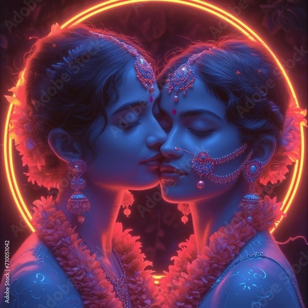 Obraz pair of blue-skinned Indian female goddesses, shrouded in neon