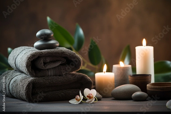 Fototapeta studio closeup image of candles stones and towels, Spa theme created with Generative Ai