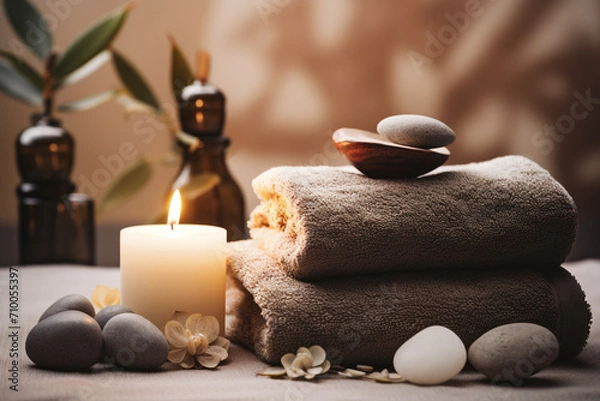 Fototapeta studio closeup image of candles stones and towels, Spa theme created with Generative Ai