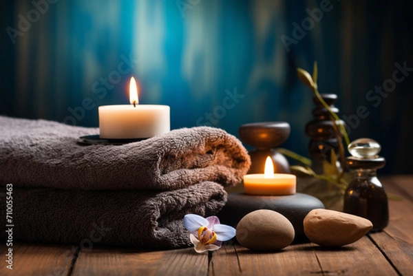 Fototapeta studio closeup image of candles stones and towels, Spa theme created with Generative Ai