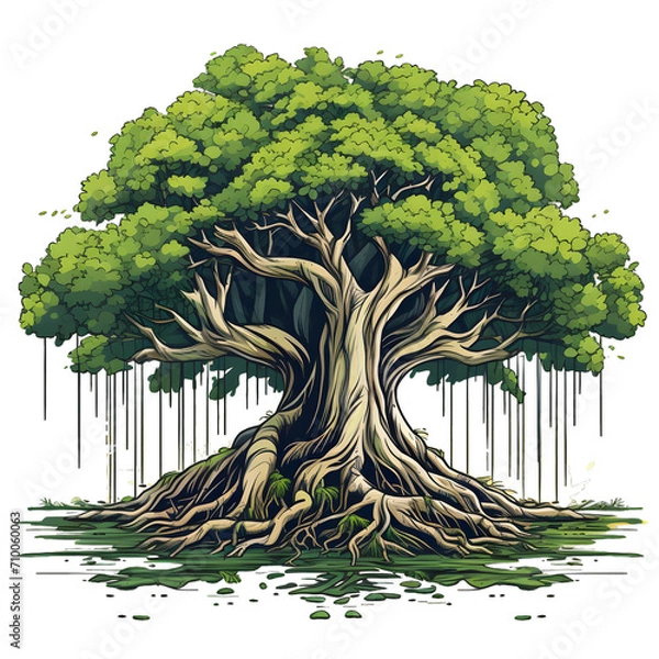 Obraz single banyan tree, vibrant color, t-shirt design, isolated on white